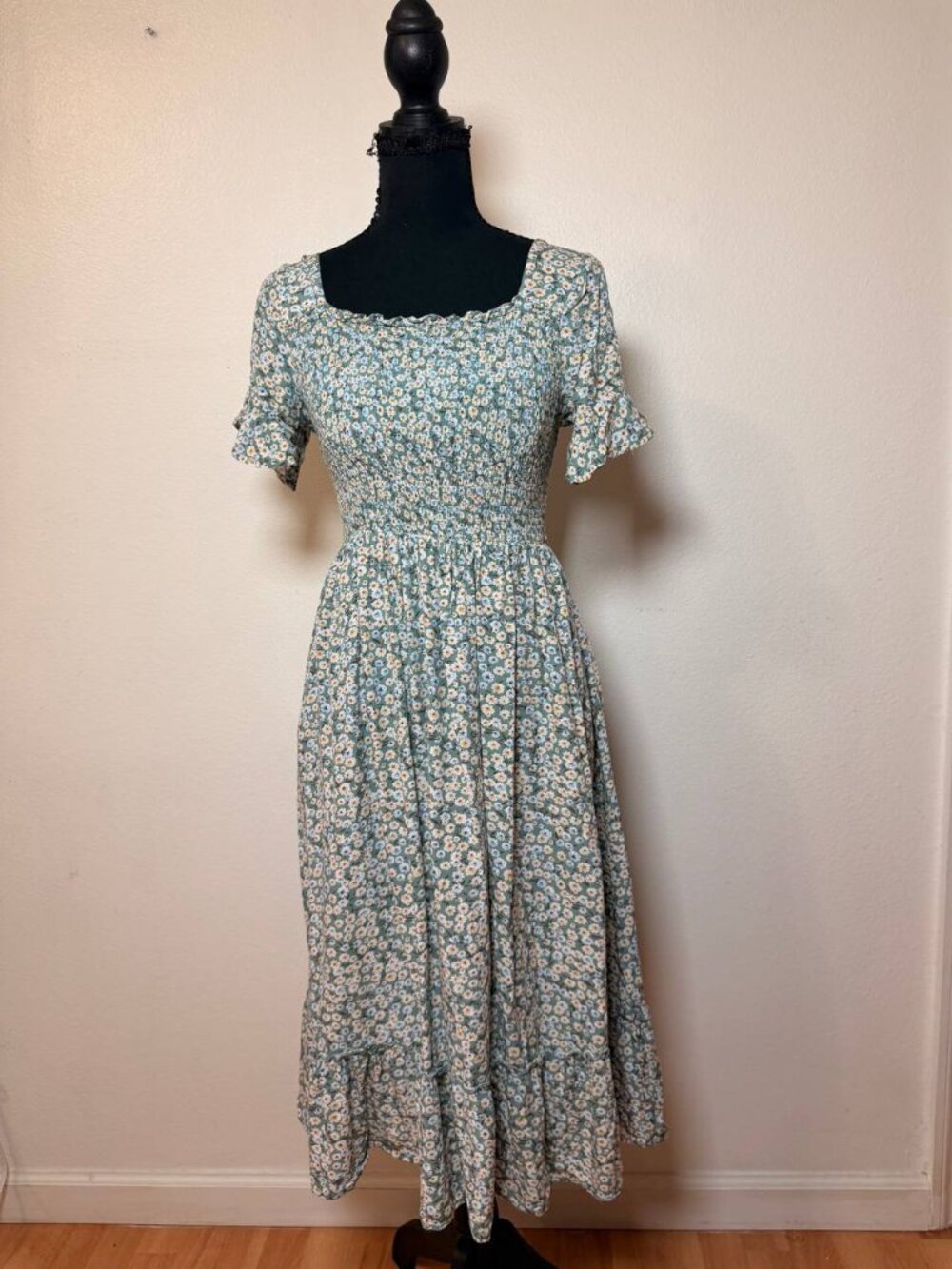 Heyson Sage Green Floral Midi Dress Cottagecore Boho Style